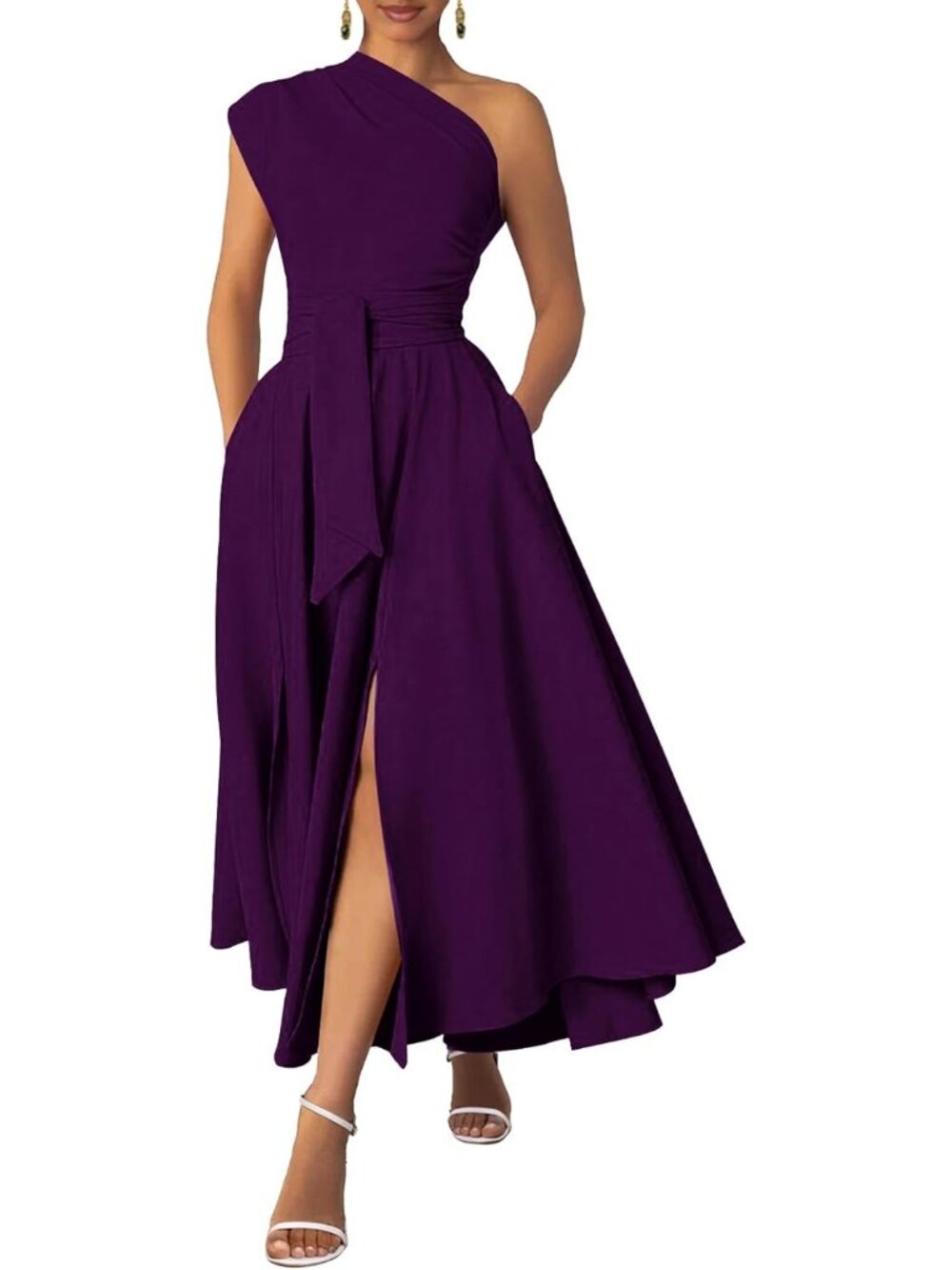 Women's Purple One Shoulder Belted Formal Cocktail Pull On Solid Maxi Dress